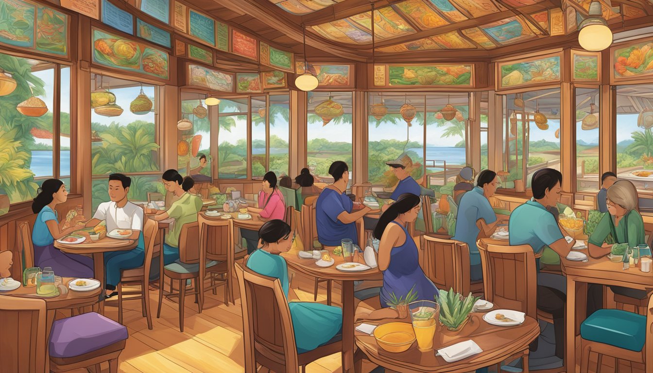 Customers peruse a colorful menu at a Thai seafood restaurant, with vibrant illustrations of various dishes and ingredients. A warm, inviting atmosphere fills the space