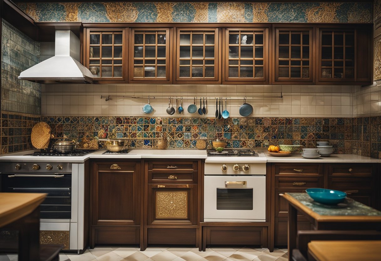 A Peranakan kitchen with colorful tiles, ornate cabinets, and traditional cooking utensils on display