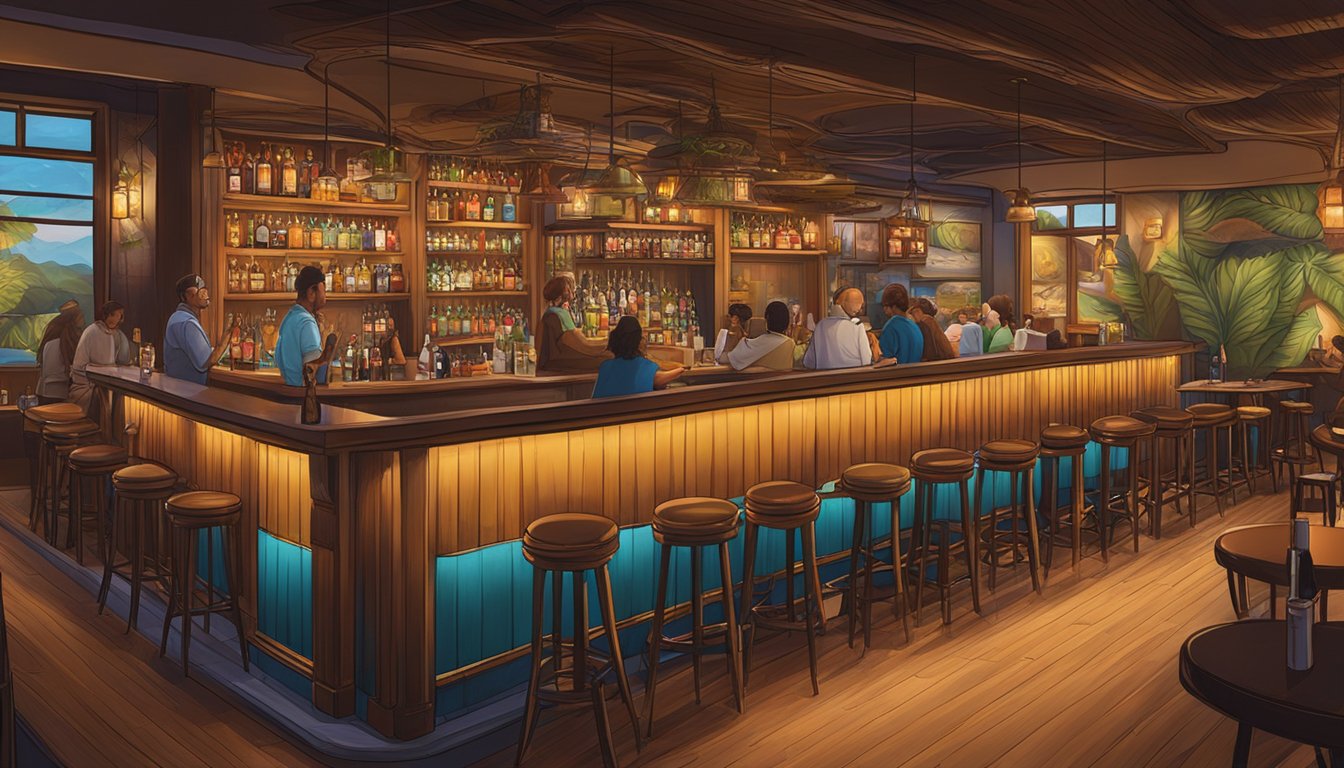 The bustling Mogambo bar & restaurant, with dim lighting and lively chatter, features a long wooden bar, cozy booths, and a vibrant mural on the wall