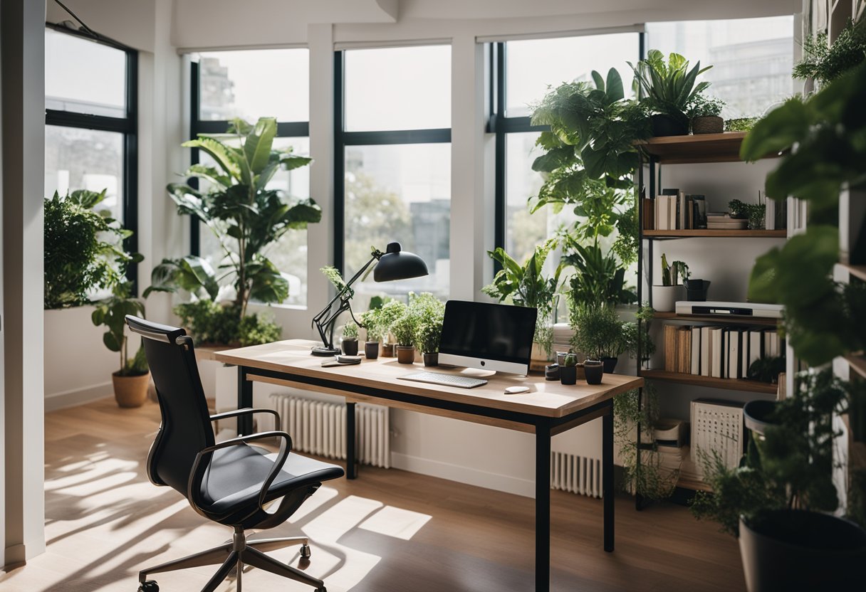 A modern home office with a sleek desk, ergonomic chair, and computer setup. Shelves display books and decorative items. A large window lets in natural light, with plants adding a touch of greenery