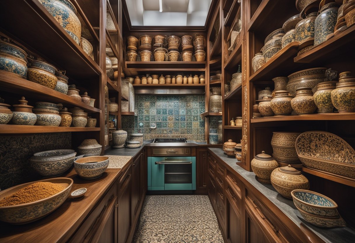 A Peranakan kitchen with vibrant tiles, intricate wooden carvings, and ornate ceramicware on display. A large, central cooking area surrounded by shelves of spices and herbs