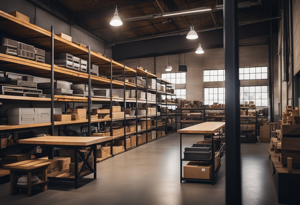 A warehouse-style showroom with metal shelves, wooden workbenches, and vintage industrial lighting. Signs display prices and product information