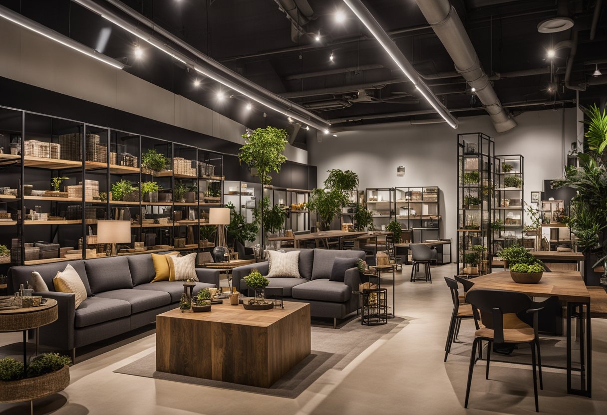 An industrial-themed furniture showroom in Singapore, featuring metal and wood pieces. Various customers inquire about the products, while staff members assist them