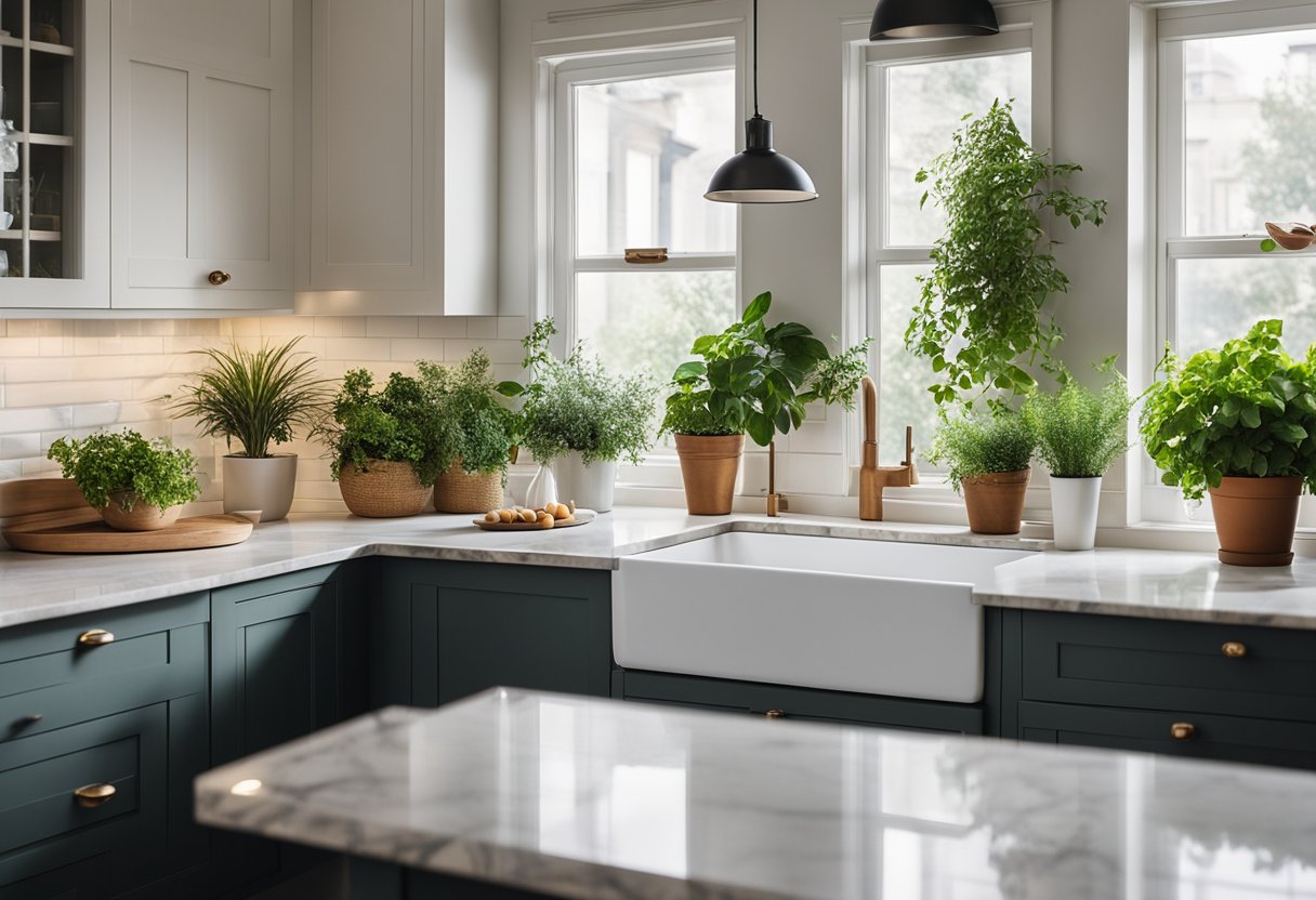 A cozy kitchen with white cabinets and a marble countertop. A large window lets in natural light, and potted herbs sit on the windowsill