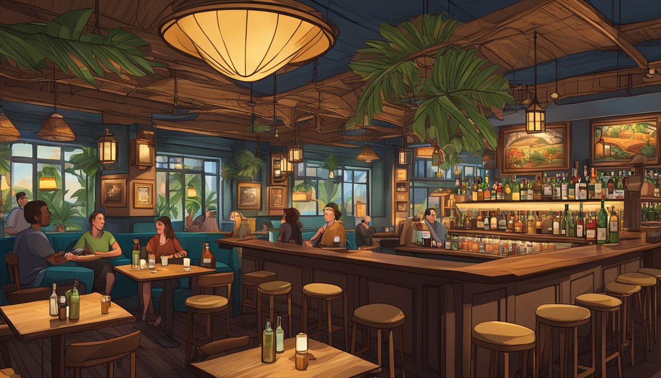 A bustling bar and restaurant with dim lighting, cozy booths, and a lively atmosphere. The space is adorned with tropical decor and a large, well-stocked bar