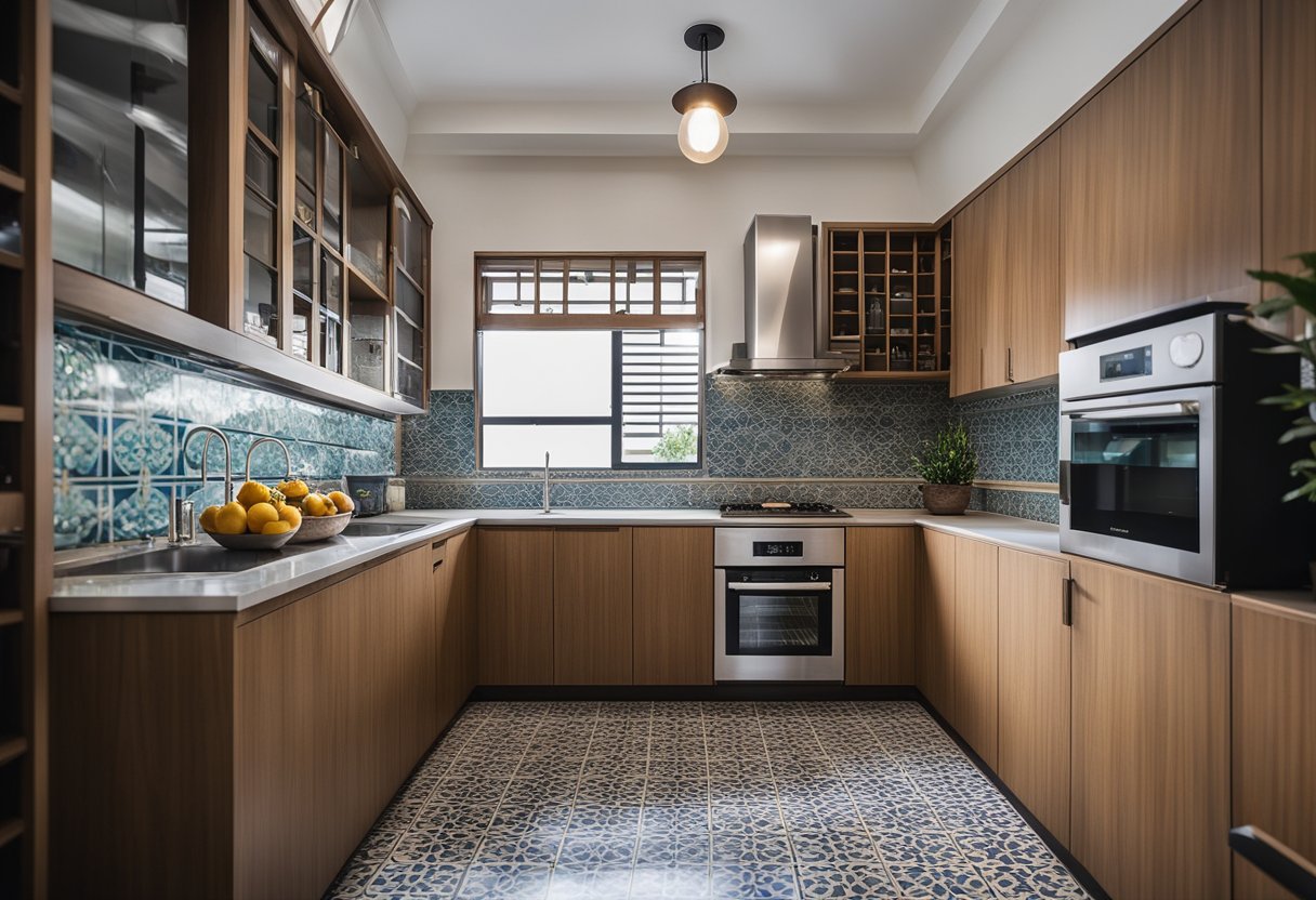 A Peranakan kitchen blends traditional tiles and wooden furniture with modern appliances and sleek countertops