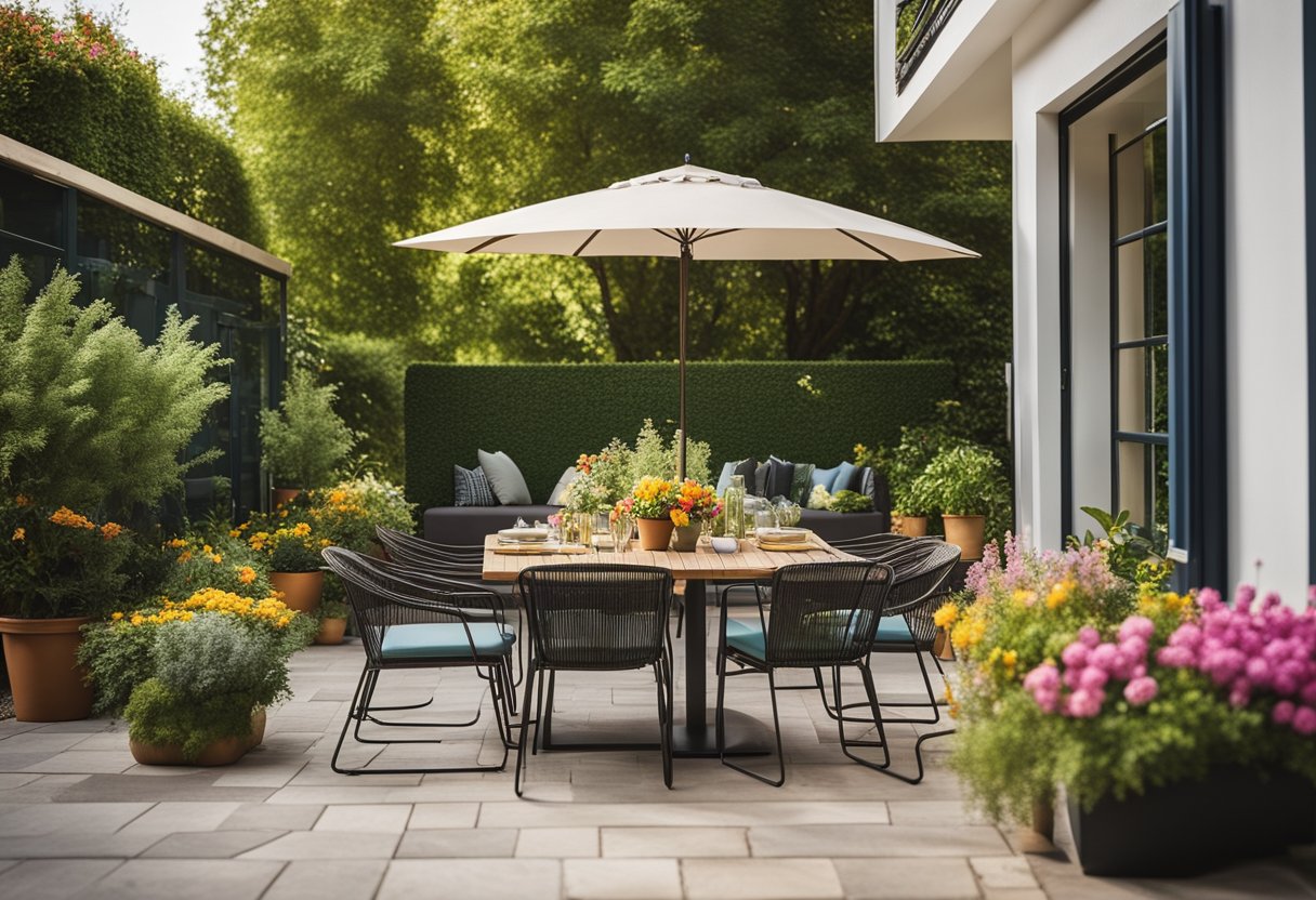 A sunny patio with a table and chairs, surrounded by lush greenery and colorful flowers. The furniture is modern and stylish, creating a welcoming outdoor space