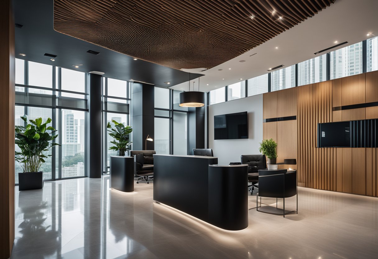 The sleek, modern office reception in Singapore features a minimalist black leather sofa, a glass coffee table, and a polished wooden reception desk