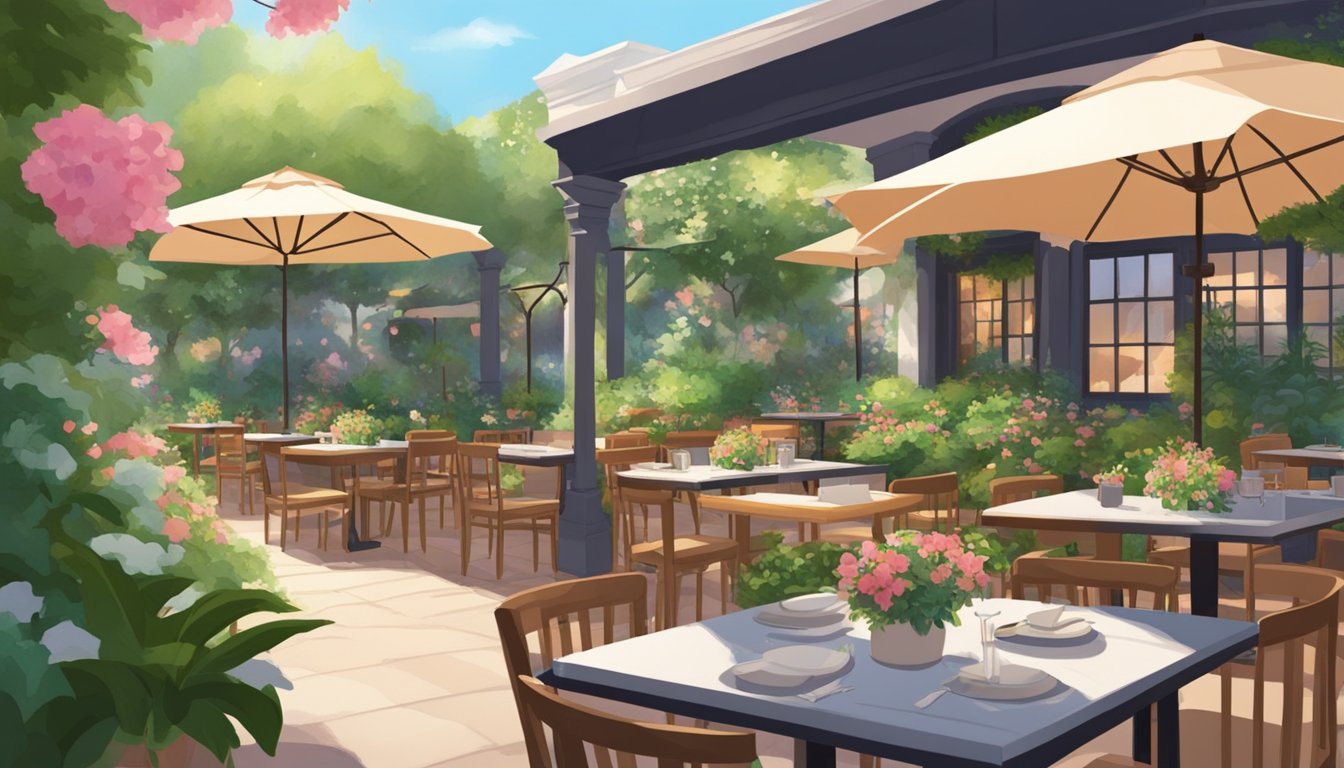 Lush garden with blooming flowers, shaded tables, and a charming outdoor ambiance at Bliss Garden Restaurant