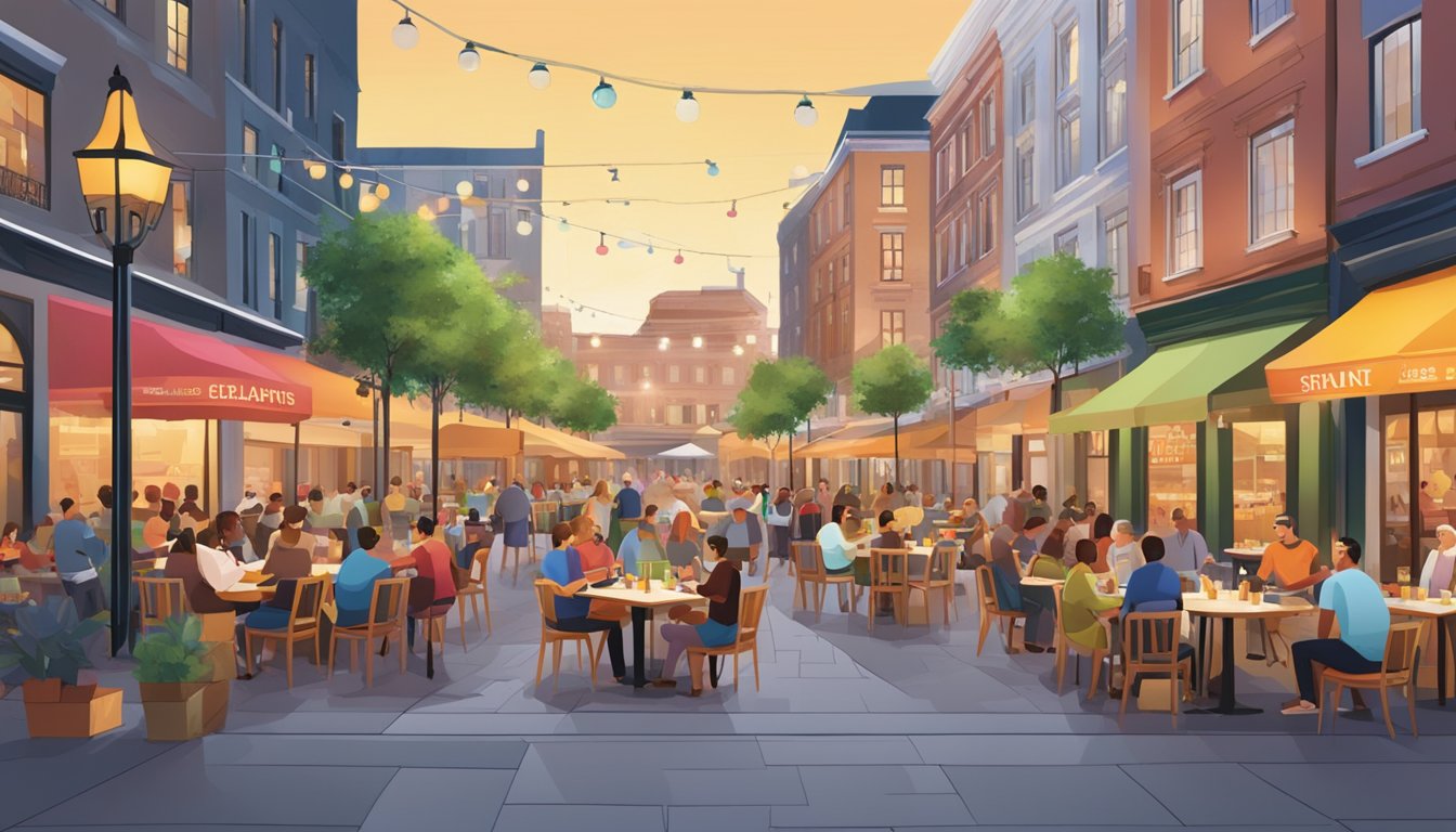 A bustling square filled with diverse restaurants, each with colorful signage and outdoor seating, surrounded by happy diners enjoying their meals