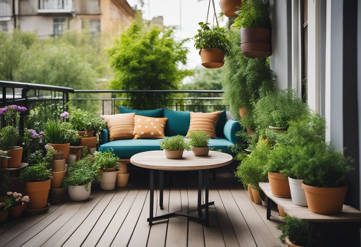 A lush balcony garden with hanging plants, potted flowers, and a small herb garden. A cozy seating area with colorful cushions and a small table completes the inviting design