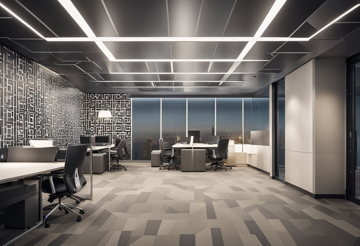 A modern office with sleek false ceiling panels, recessed lighting, and geometric patterns for a contemporary and professional look