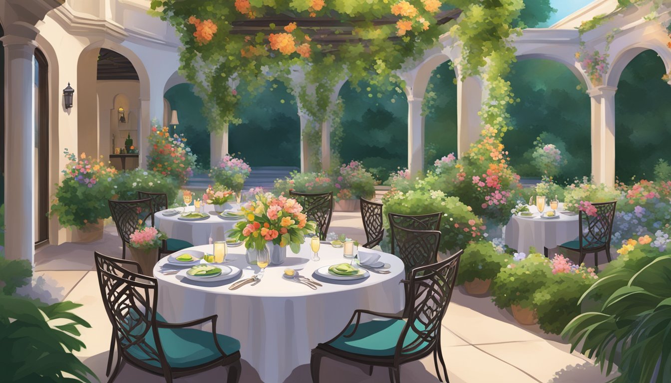 Lush greenery surrounds a serene outdoor dining area with elegant tables and chairs, adorned with vibrant flowers and soft lighting