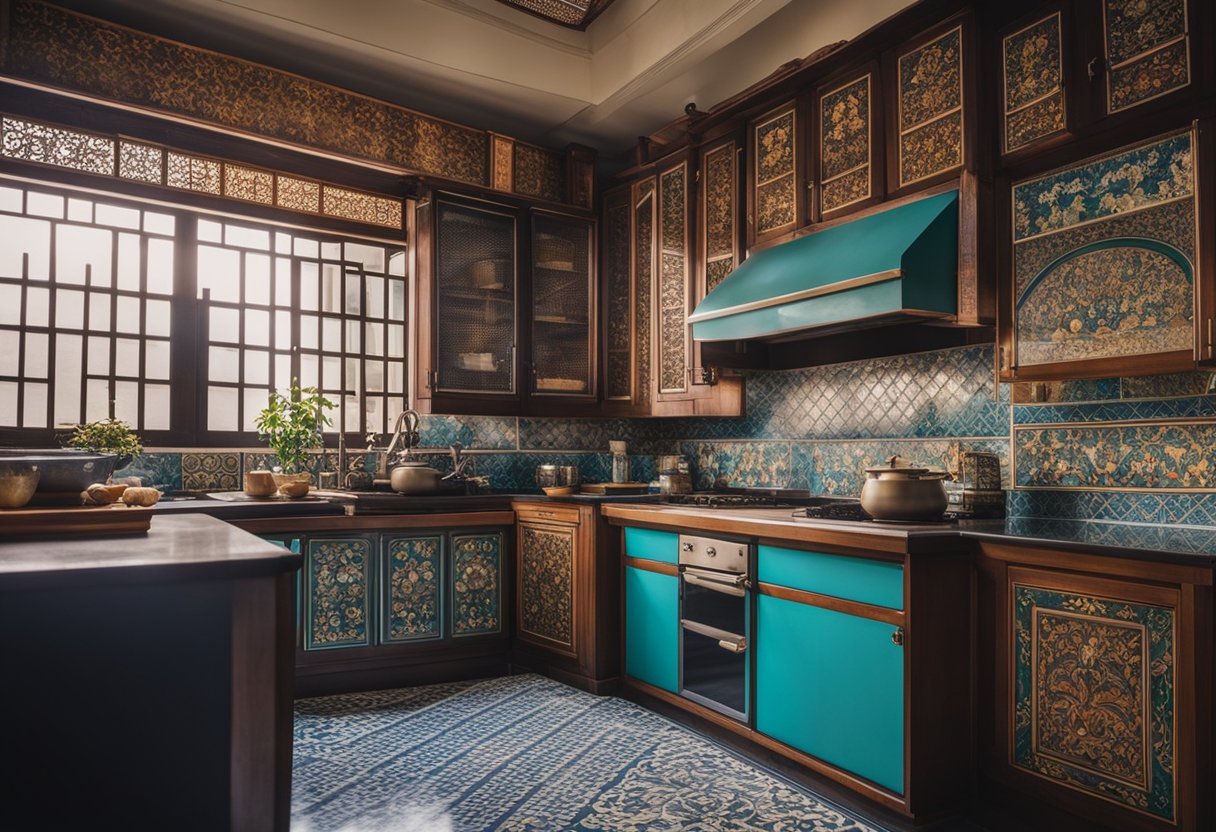 A colorful Peranakan kitchen with intricate tile patterns, ornate wooden cabinets, and traditional cooking utensils on display