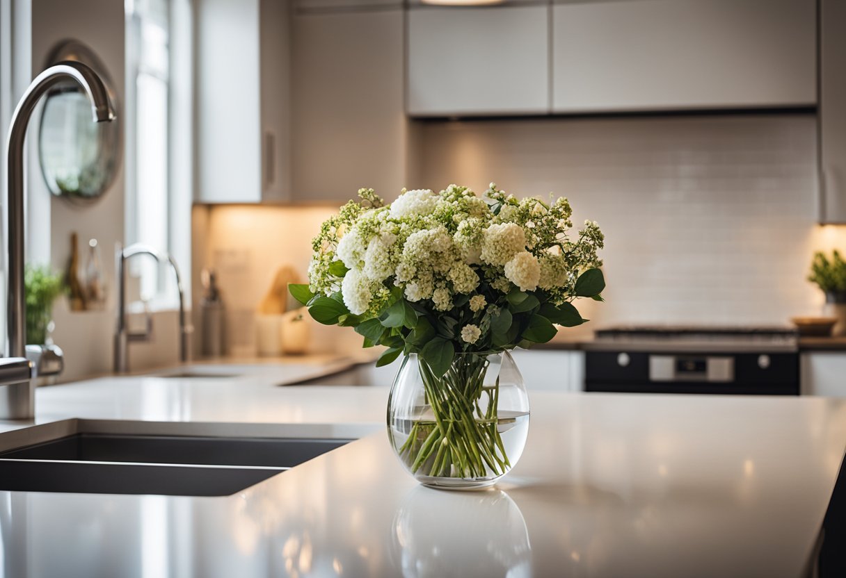 A cozy kitchen with modern appliances, warm lighting, and minimalist decor. A vase of fresh flowers sits on the counter, adding a touch of color to the space