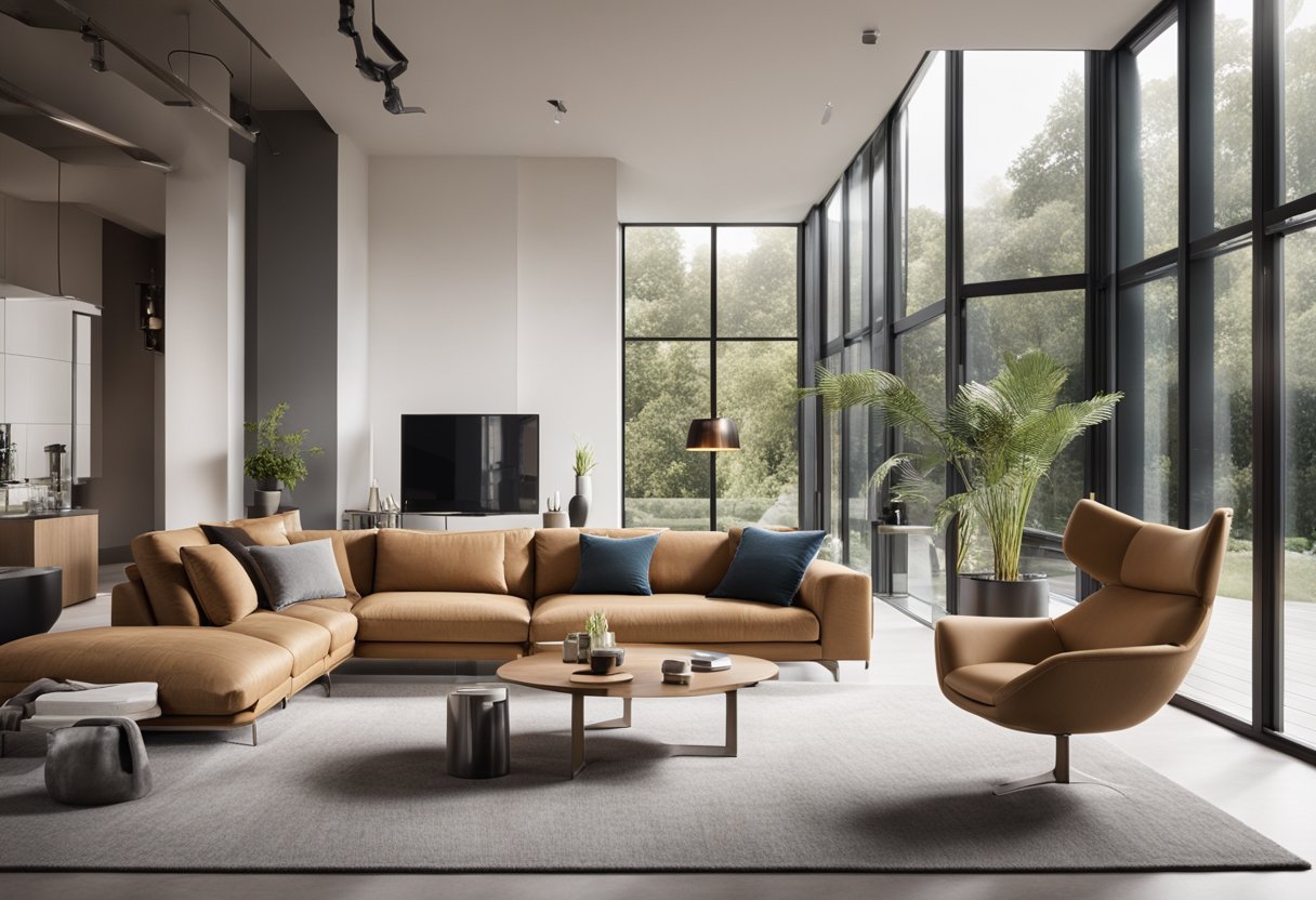A modern living room with Kuka furniture, featuring a sleek sofa, elegant coffee table, and stylish armchair. The room is bathed in natural light from large windows, creating a warm and inviting atmosphere