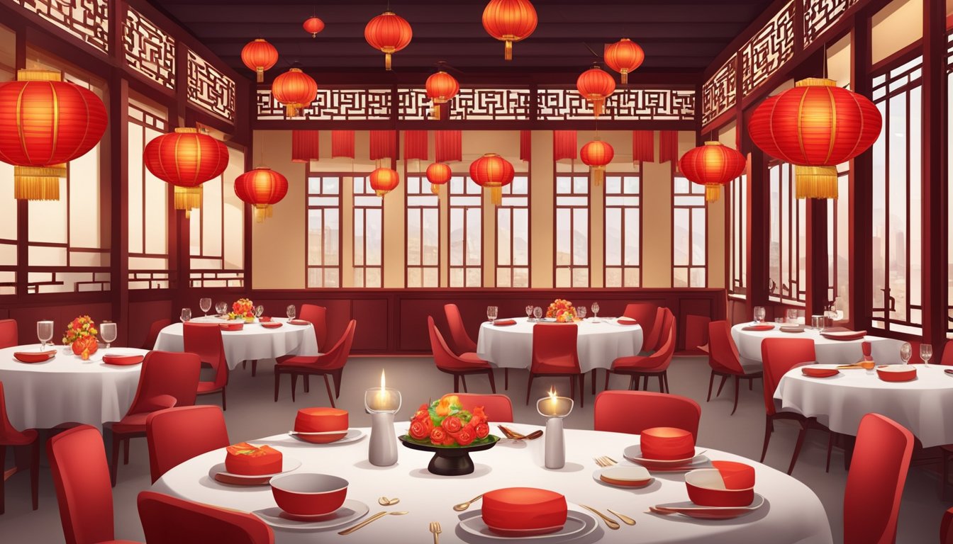 A festive Chinese restaurant adorned with red lanterns and ornate decor, tables set with elegant place settings and a large round table in the center, ready for a birthday celebration