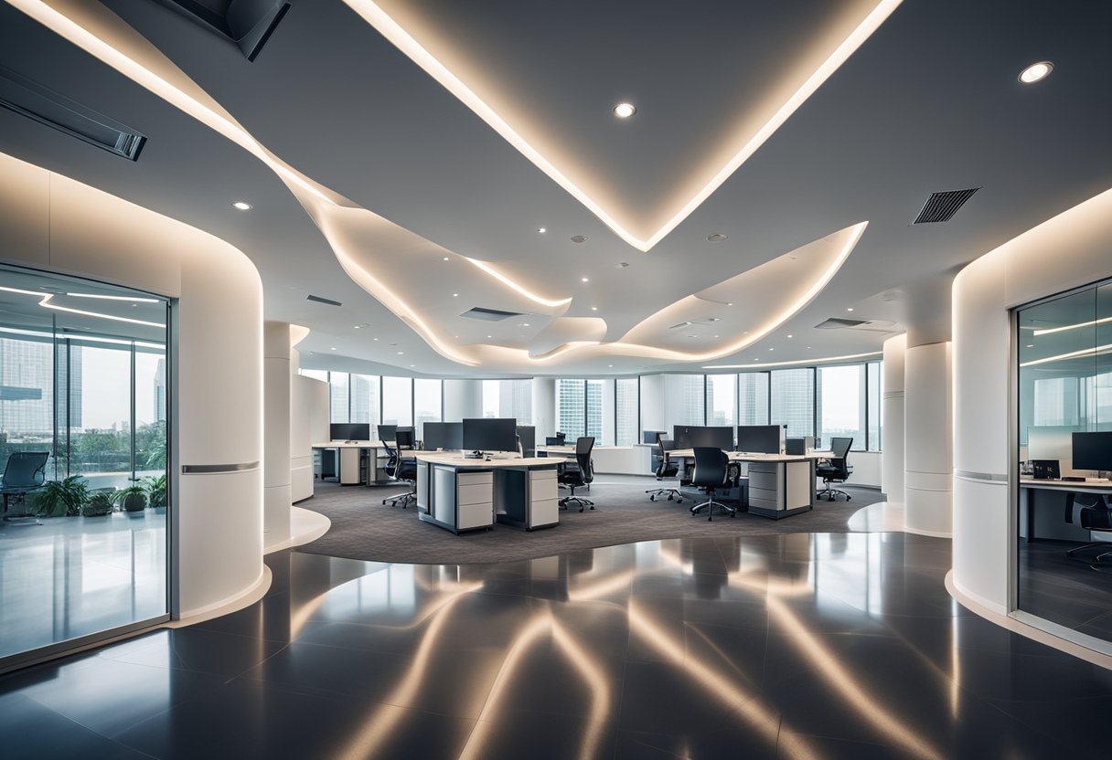 A modern office with sleek false ceiling designs, featuring recessed lighting and geometric patterns for a contemporary and innovative look