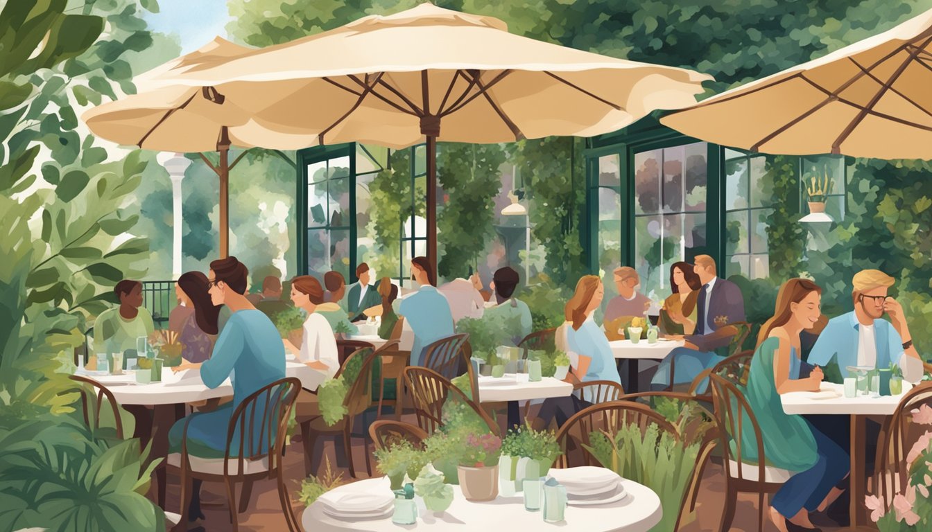 A bustling outdoor garden restaurant with vibrant greenery, cozy seating, and a sign reading "Frequently Asked Questions bliss" in elegant lettering