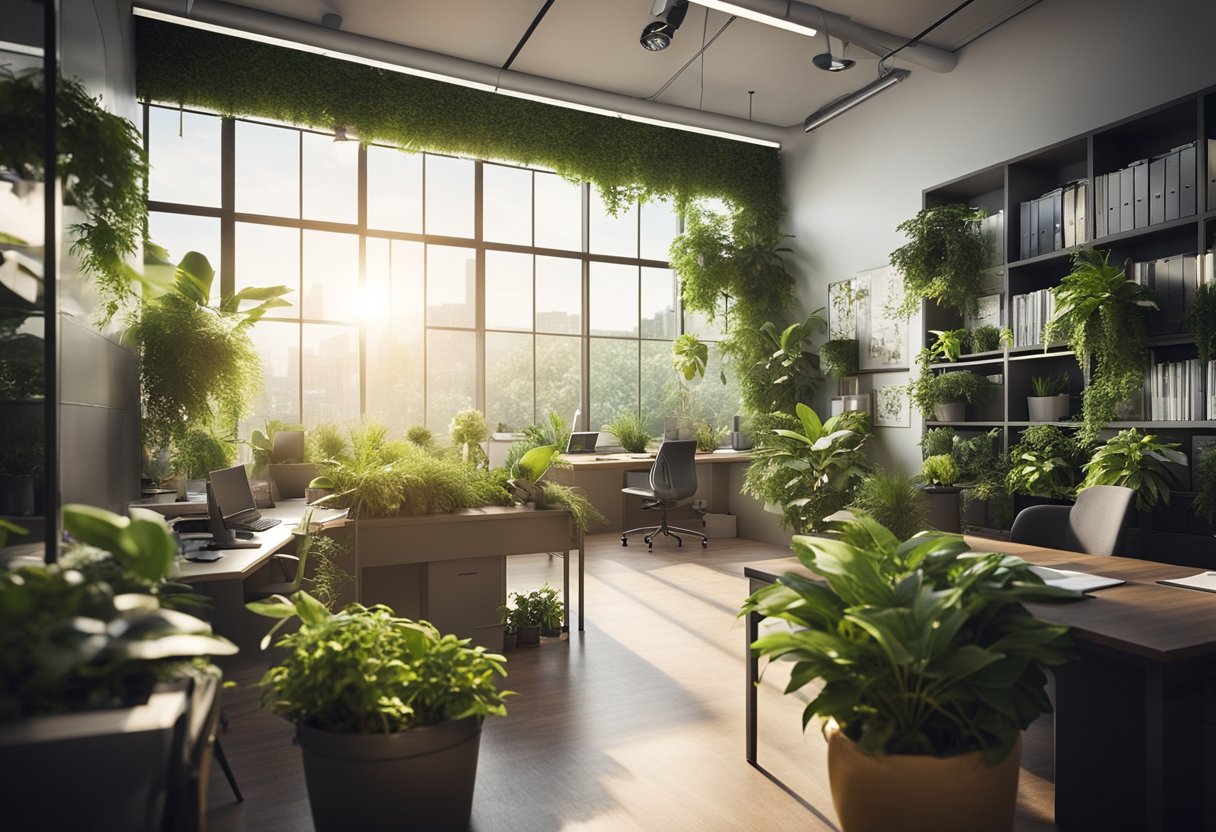 The office interior is adorned with lush green plants, strategically placed to bring life and vibrancy to the space. Sunlight filters through the windows, casting a natural glow over the greenery