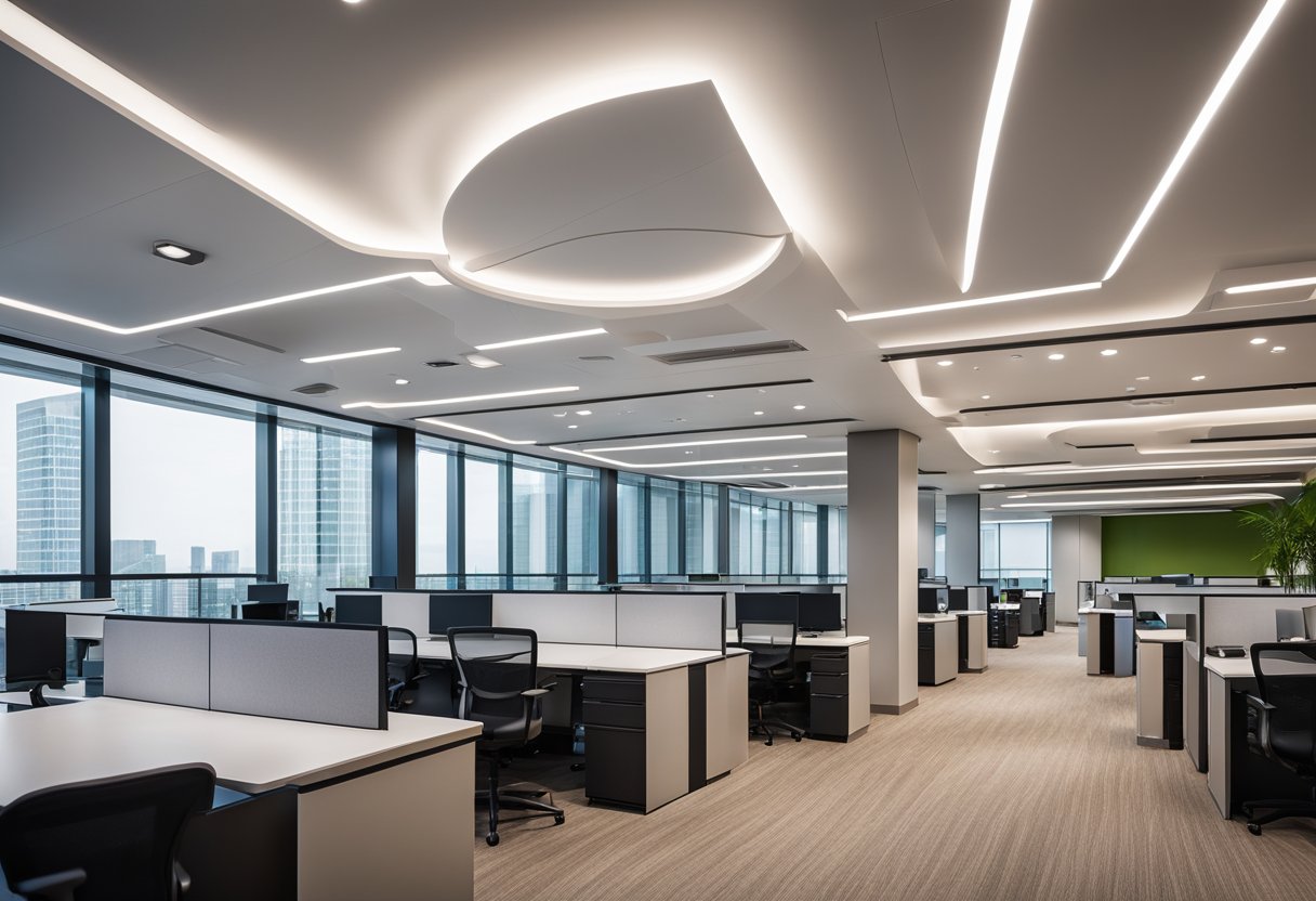 A modern office with sleek, minimalist false ceiling design, incorporating strategic lighting for enhanced productivity