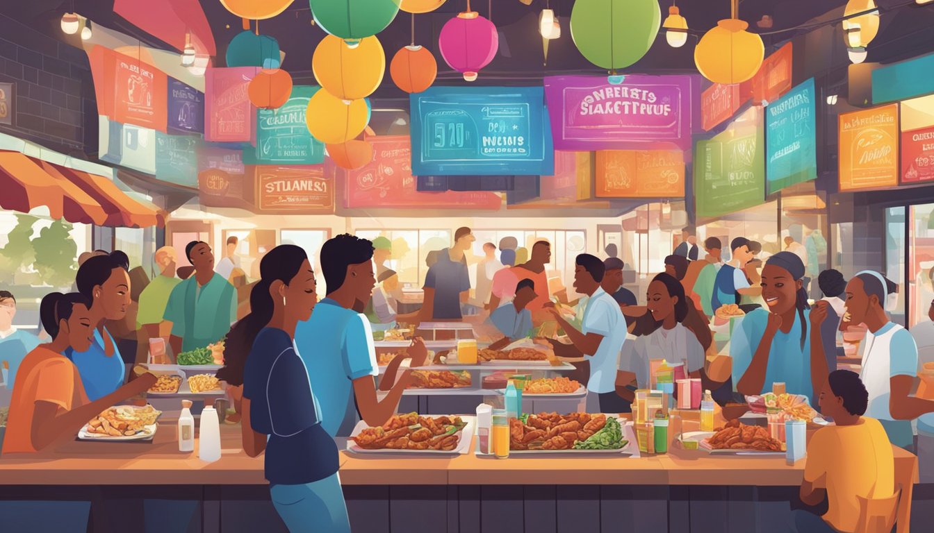 Customers sampling various wing flavors at a bustling restaurant, surrounded by colorful signage and mouth-watering food displays