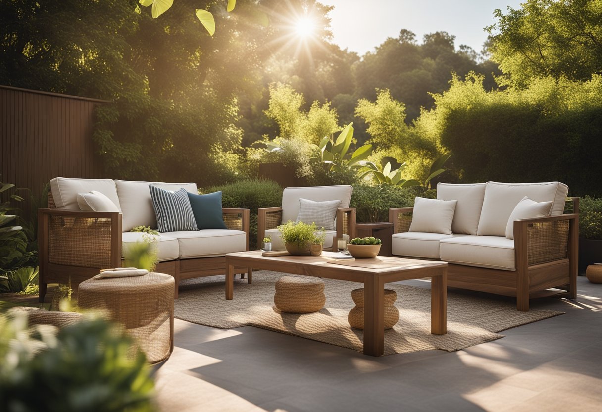 A cozy outdoor patio with a variety of stylish and comfortable furniture options, including sofas, chairs, and tables, set against a backdrop of lush greenery and warm sunlight
