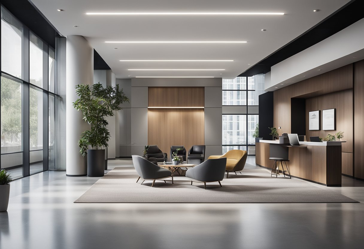 A modern office reception with sleek furniture, a stylish desk, and comfortable seating area. The space is well-lit with natural light and features a clean, minimalist design