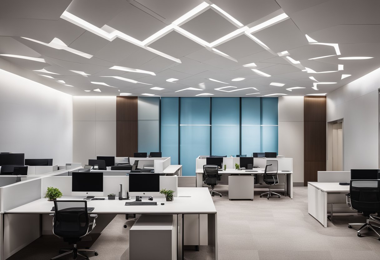 A modern office with a sleek false ceiling design, featuring recessed lighting and geometric patterns for a contemporary look