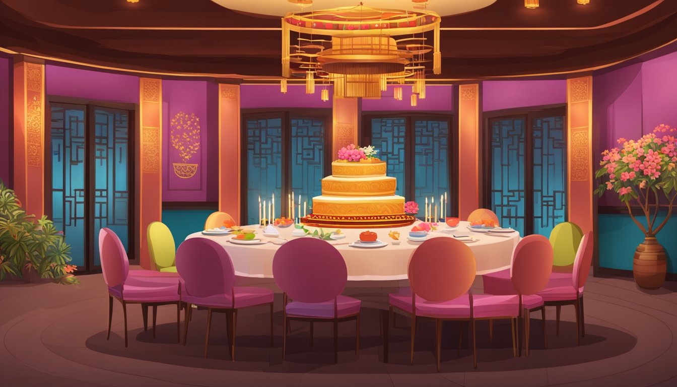 A festive Chinese restaurant with colorful decor, a large round table set with elegant place settings, and a birthday cake adorned with candles