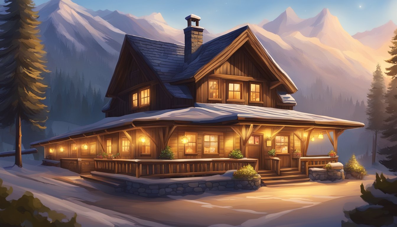 The old mountaineers cafe bar and restaurant is nestled in a cozy alpine village, with a rustic wooden exterior and a warm, inviting glow emanating from the windows