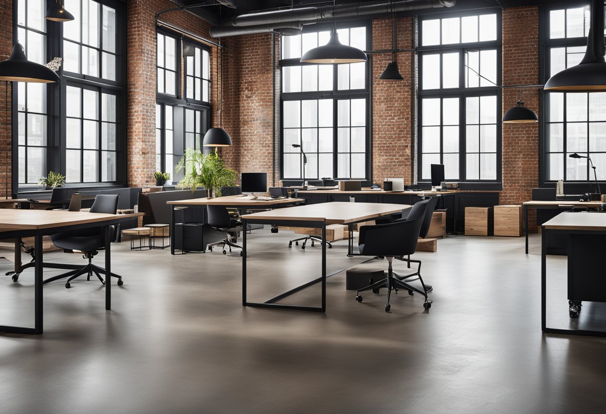 A spacious industrial office with exposed brick walls, large windows, and modern furniture. The design includes open workspaces, meeting areas, and a mix of industrial and contemporary decor