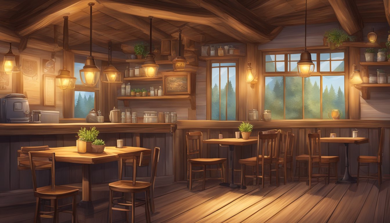 The cozy interior of Old Mountaineers Cafe, with rustic wooden furniture, warm lighting, and a welcoming atmosphere