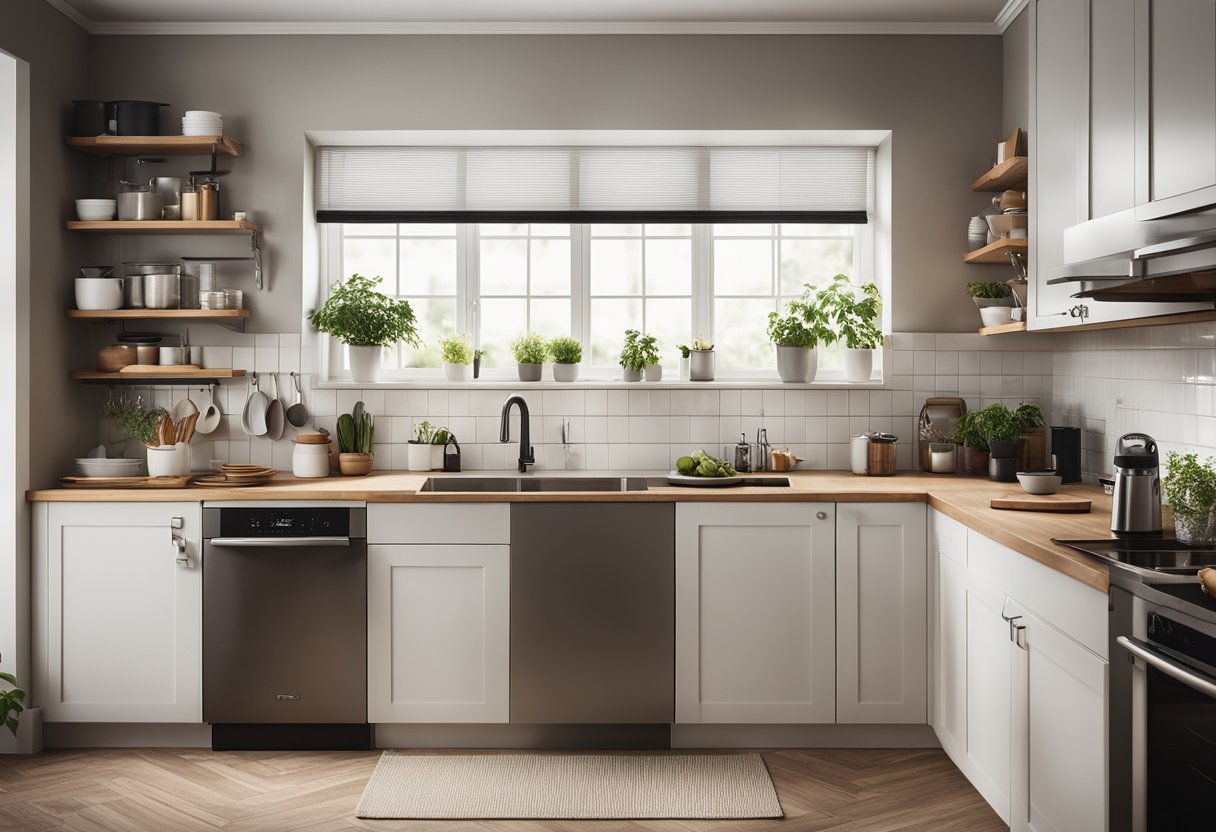 A cozy, well-lit kitchen with minimalistic design. Clean countertops, organized cabinets, and modern appliances. Comfortable seating and a welcoming atmosphere