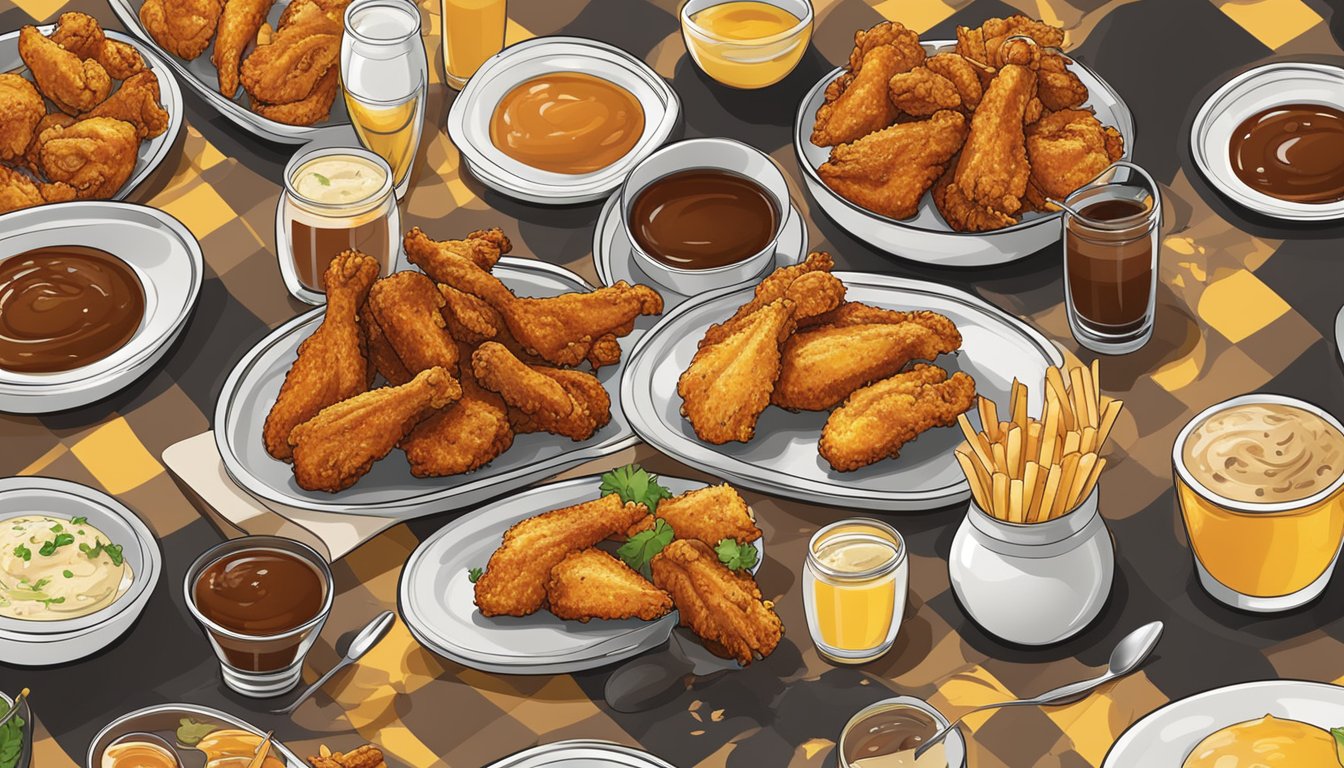 A sizzling platter of golden, crispy chicken wings surrounded by various dipping sauces on a checkered tablecloth at Wings Restaurant Essentials
