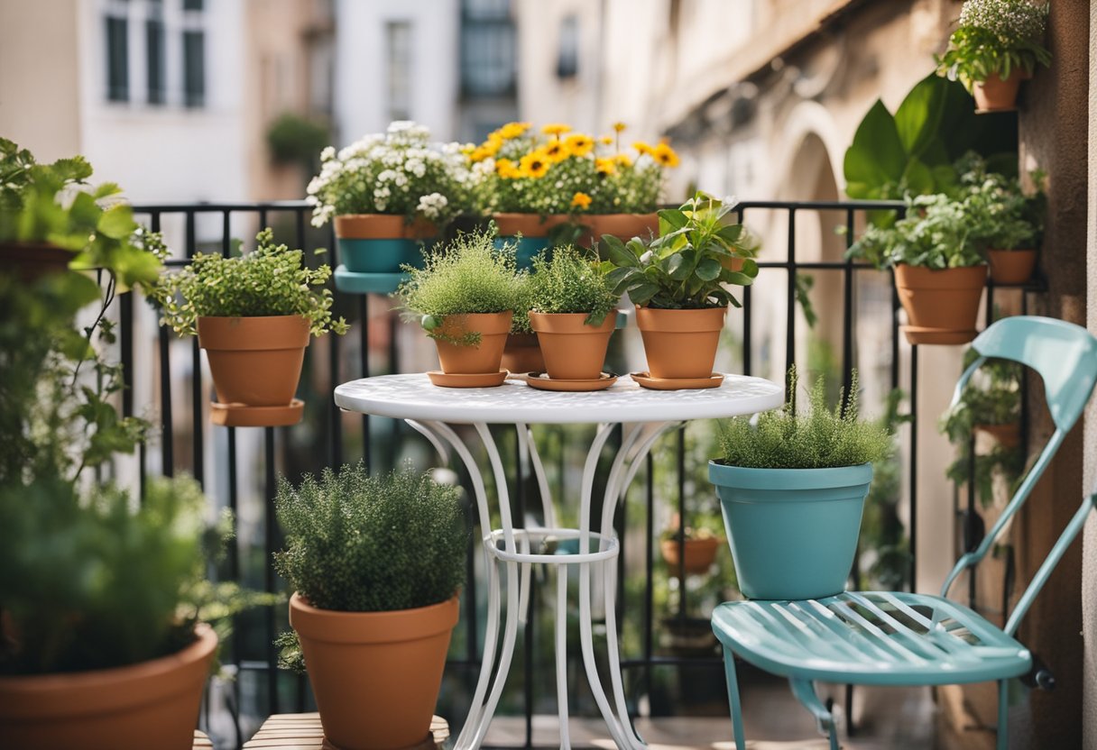 A small, urban balcony with potted plants, hanging baskets, and a small table and chairs. The design is cozy and functional, with a mix of flowers, herbs, and vegetables
