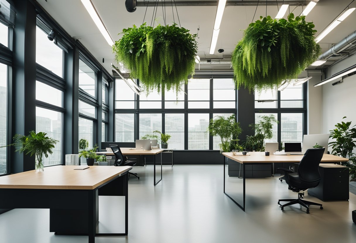 Lush green plants fill the modern office space, hanging from the ceiling, lining the windows, and placed strategically throughout the room, creating a calming and natural atmosphere