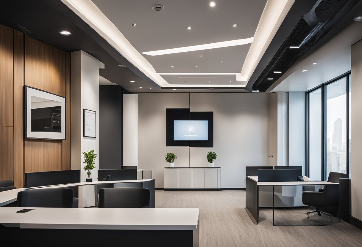 The office reception ceiling features a modern, geometric design with sleek lines and recessed lighting, creating a sense of sophistication and professionalism