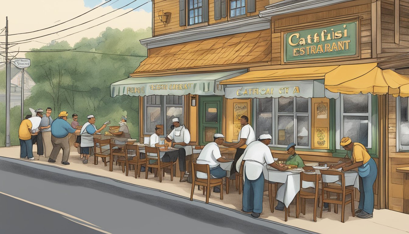 A bustling catfish restaurant with a line of customers, a welcoming sign, outdoor seating, and a chef frying up fresh catfish