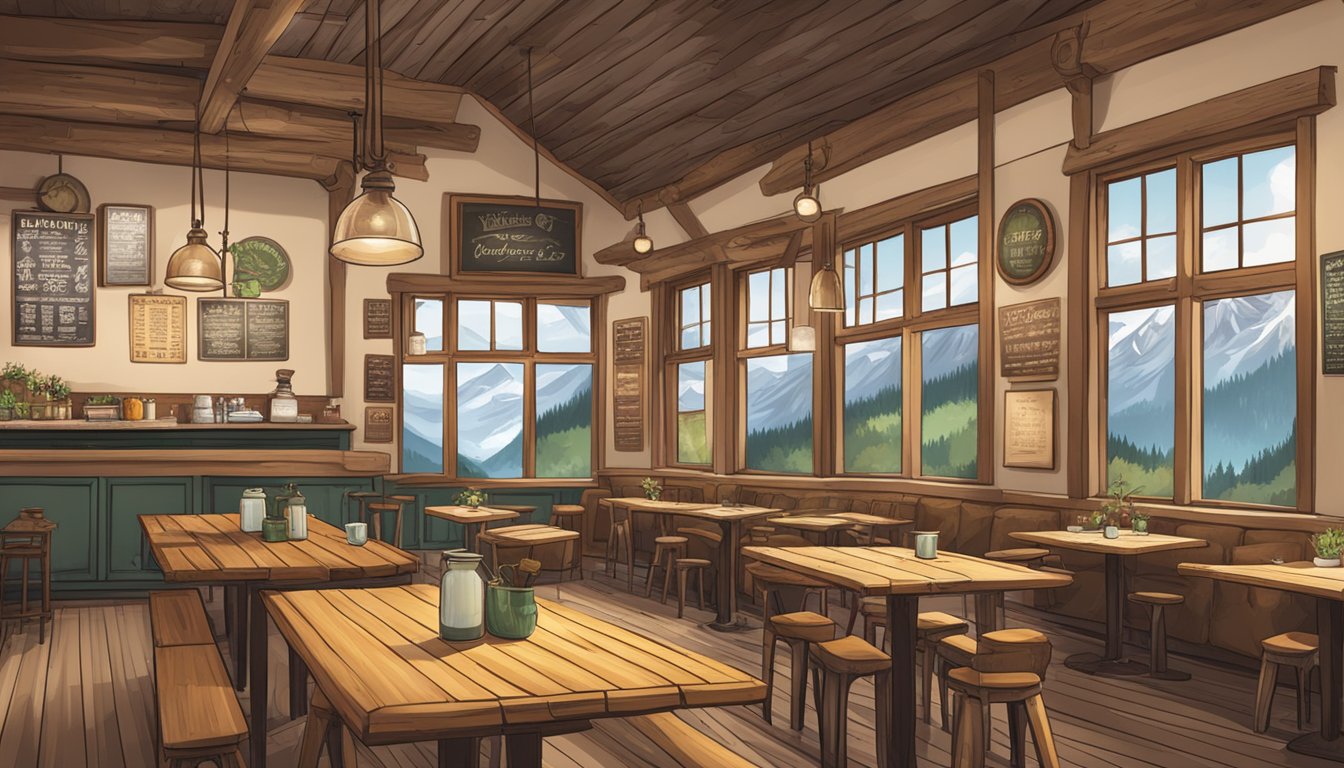 A cozy, rustic cafe with wooden tables, vintage mountaineering gear on the walls, and a menu board featuring hearty mountain fare
