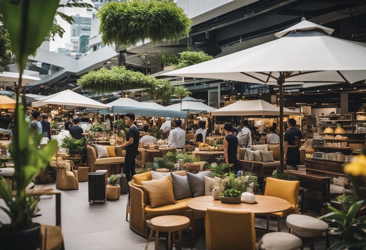 A bustling outdoor furniture market in Singapore, with vibrant displays and shoppers browsing through a wide selection of stylish and modern pieces
