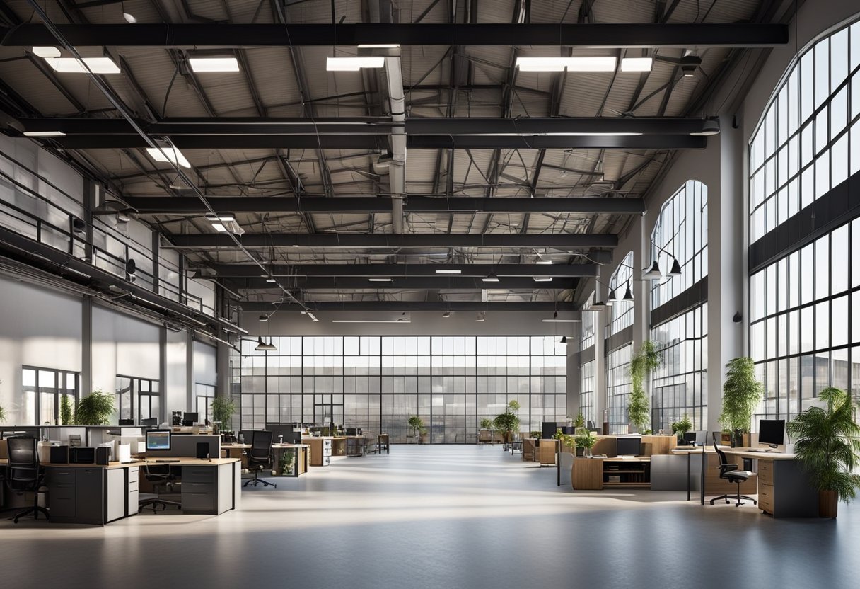 An open industrial warehouse office space with high ceilings, exposed ductwork, large windows, and a mix of modern and industrial design elements