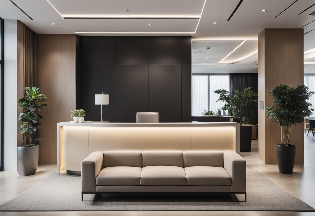 The reception area is furnished with modern, sleek furniture in a minimalist design, with a combination of clean lines and neutral colors