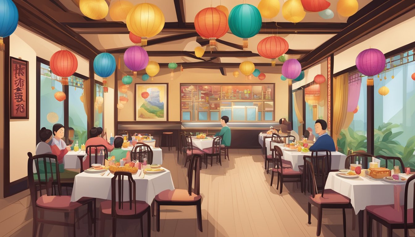 A bustling Chinese restaurant with colorful decorations, a large birthday banner, and a table set with plates, chopsticks, and a birthday cake