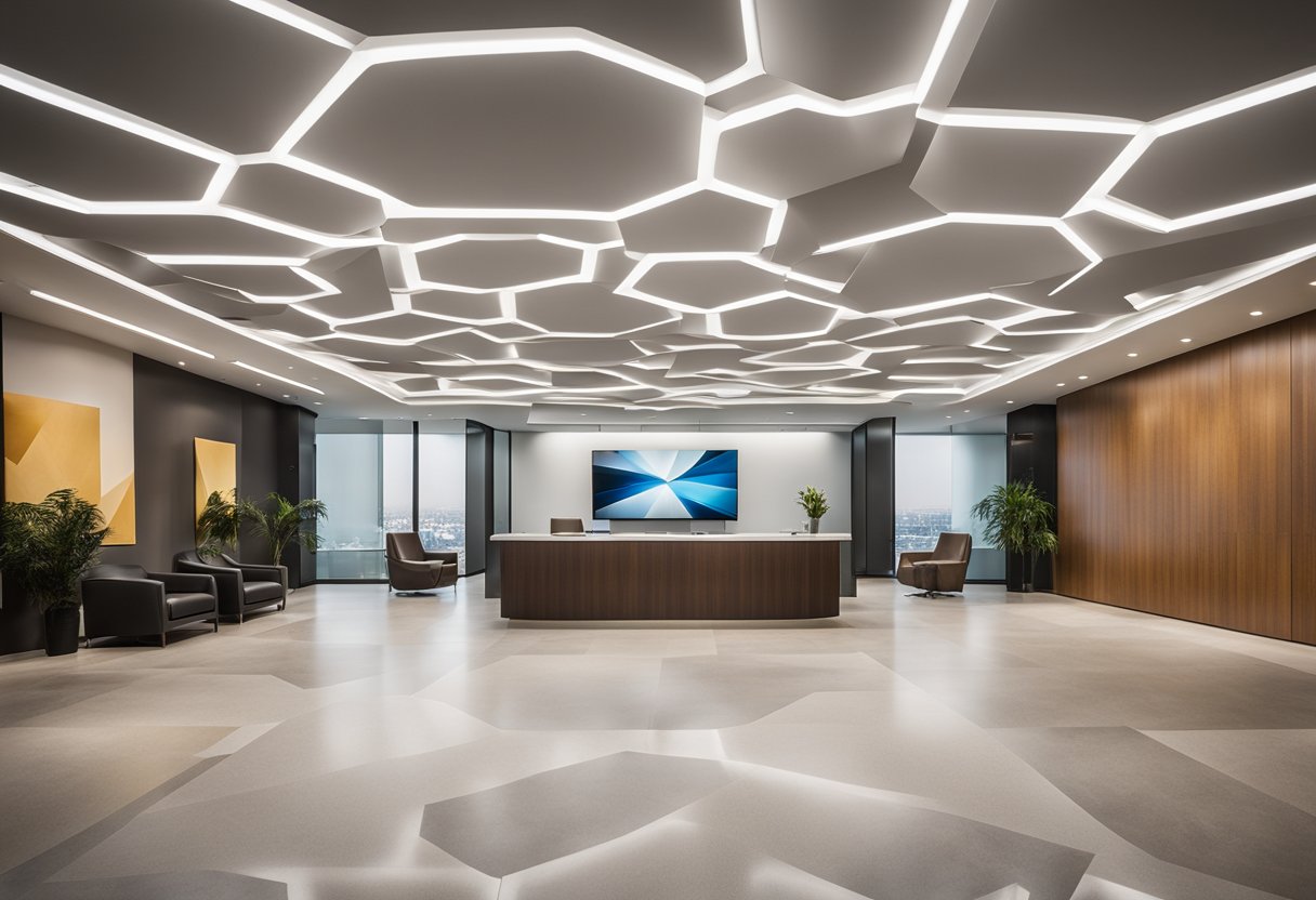 A modern, sleek office reception ceiling with recessed lighting, geometric patterns, and a large, abstract art installation as the focal point