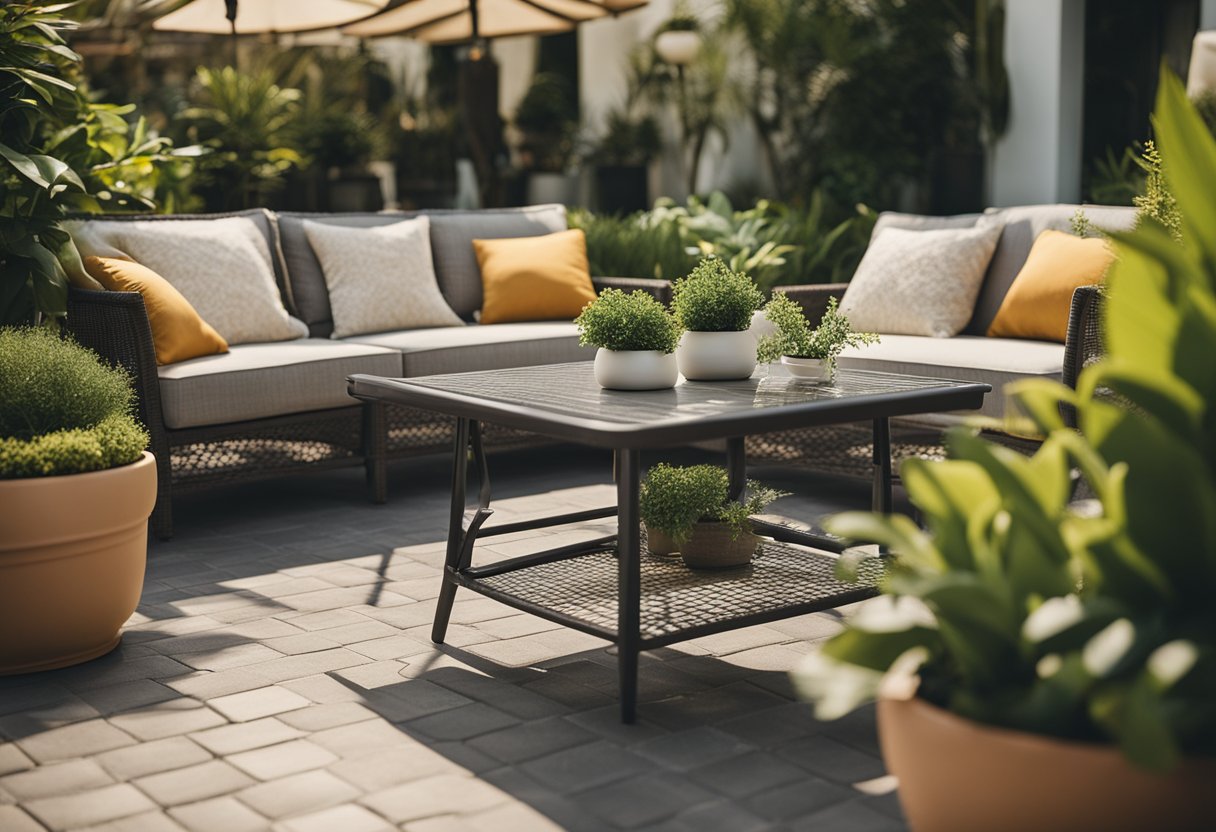 A sunny outdoor patio with a variety of stylish and comfortable furniture pieces, including tables, chairs, and loungers, surrounded by lush greenery and potted plants