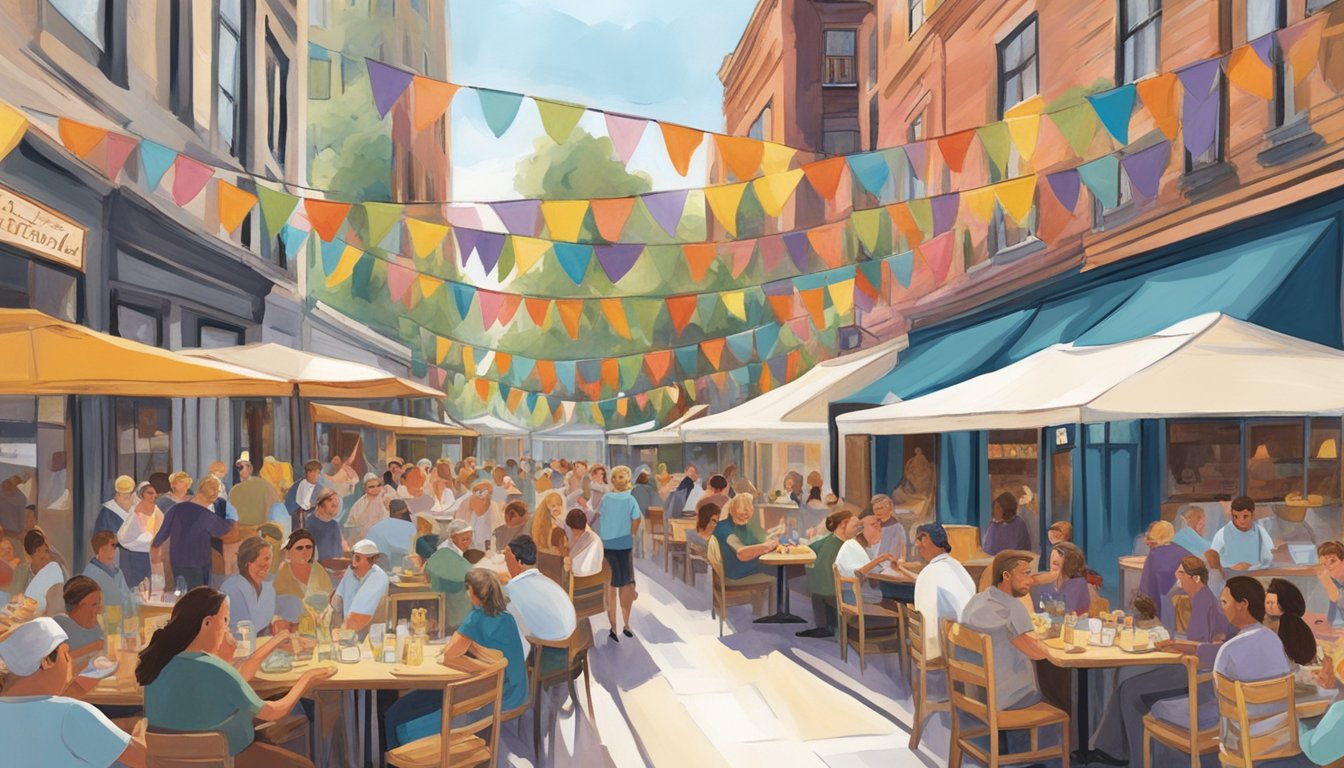 Colorful banners and streamers adorn the bustling Purvis Street. Diners laugh and raise their glasses at outdoor tables, while chefs proudly display their dishes in the open kitchens