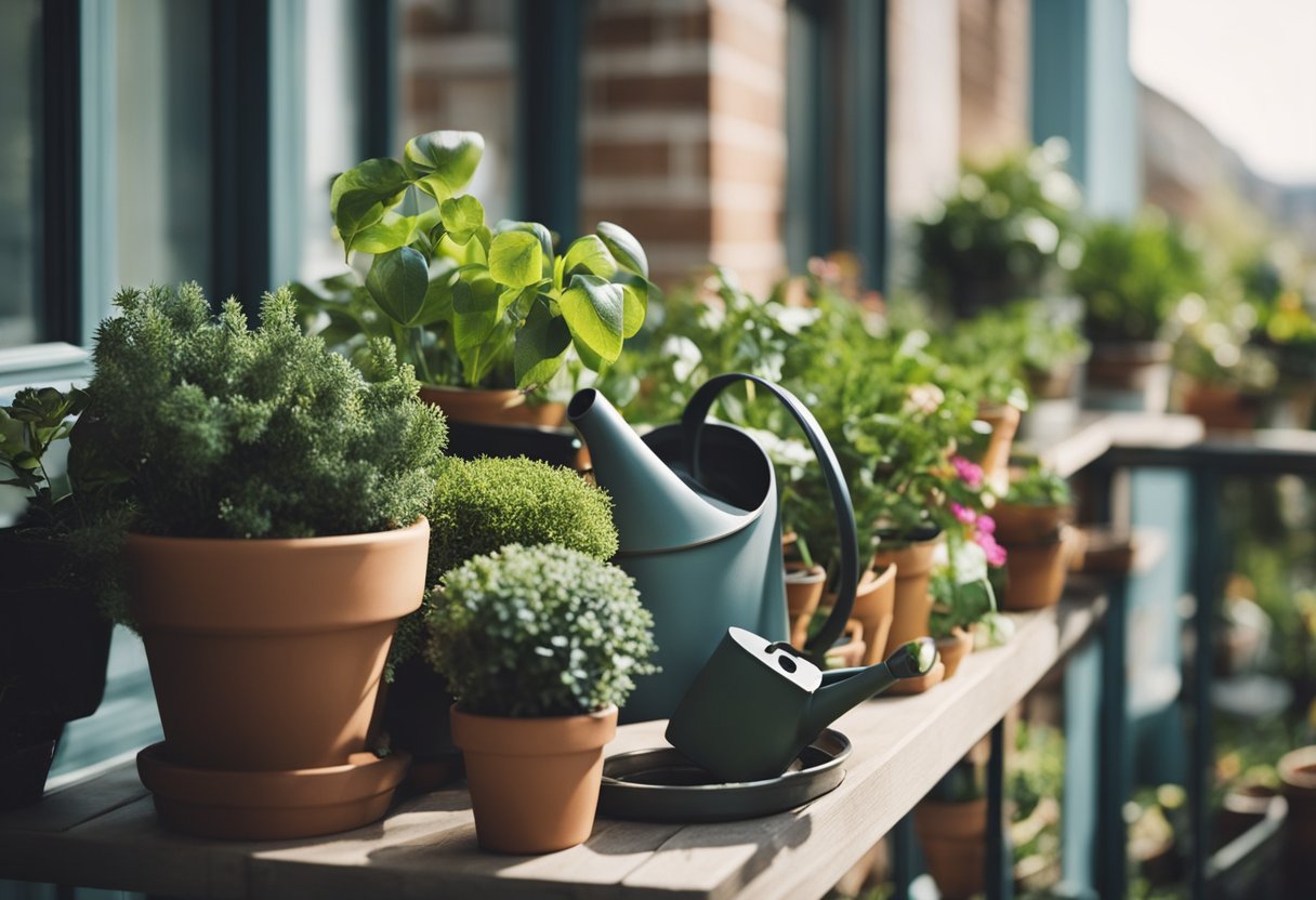 A variety of potted plants arranged on a balcony, with some hanging from the railing. Watering can and gardening tools nearby