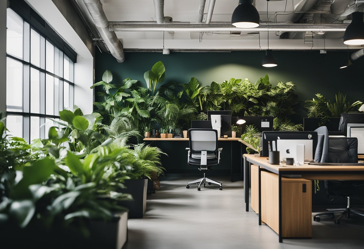 The office is filled with lush green plants, strategically placed to enhance the workspace. The natural elements bring a sense of calm and tranquility to the environment, creating a more inviting and productive atmosphere