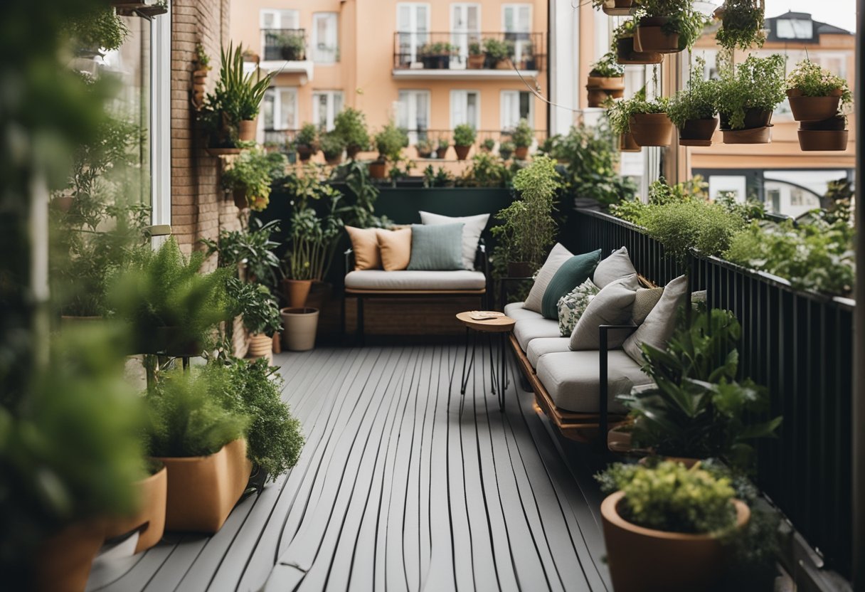 A cozy balcony garden with potted plants, hanging baskets, and a small seating area. The design incorporates vertical space and utilizes a variety of greenery